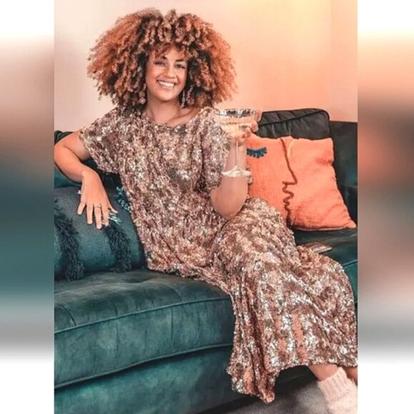 Anthropologie Maeve Bernadette Rose Gold Sequin Tiered Midi Dress Size M - Picture 7 of 17